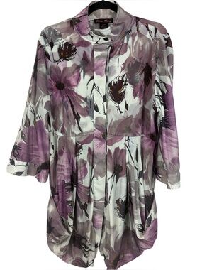 Elena Wang Pleated Floral Plissé Tunic Blouse Jacket Purple Watercolor Size XL